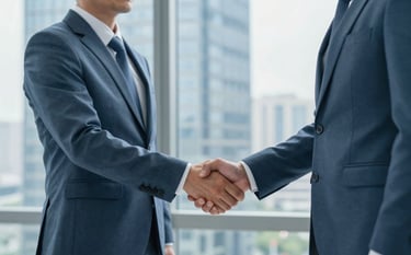 Two professionals in corporate attire shaking hands in a bright, modern glass-walled office in a high-rise building. The background shows a blurry cityscape. The palette is dominated by slate blue and soft pearl light, emphasizing trust and modern efficiency.