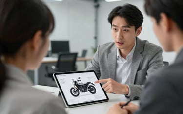 A close-up of a professional consultant pointing at a technical motorcycle diagram on a tablet, talking to a client in a modern office. The background shows a blurry but clean garage. Colors: Neutral grays and whites with sharp black contrasts, reflecting #1F1F1F and #606060.