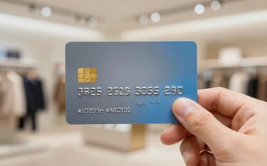 Close-up of a sleek, modern credit card in shades of #1D2D3E and #A8C9D8, held by a person. The background is a blurred, high-end shopping environment, suggesting freedom and purchasing power. Professional studio lighting.