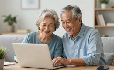 A happy senior couple in their 60s looking at a laptop together in a bright, modern living room. The lighting is soft and natural. The scene conveys a sense of financial relief and security. The color palette includes subtle touches of #4A7C8E and #A8C9D8 in the decor.
