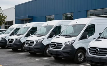 A professional commercial setting in a North American / US business park. Several white cargo vans are parked in a row, symbolizing fleet protection. Steel blue and midnight blue tones convey stability and trust.