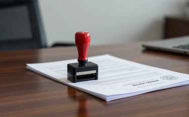 A close-up of a notary stamp and professional documents on a polished wood desk in a North American / US office. The background is a soft mist wall.