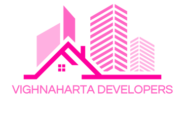 a building with a pink and black logo