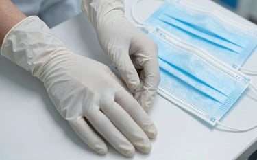 A professional close-up of high-quality nitrile gloves and medical masks arranged on a sterile white surface. The lighting is clean and bright, reflecting a professional North American / US hospital environment. The palette features subtle light blue and white tones.