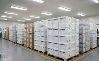 A wide, clean-angle shot of a modern medical supply distribution center. Rows of neatly stacked boxes with professional labeling are visible under bright fluorescent lights in a high-tech North American / US warehouse. The atmosphere is sterile and organized.