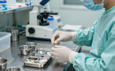 A professional photographer's shot of a medical technician's hands in a sterile North American / US laboratory environment, carefully assembling a surgical kit on a stainless steel counter. Mint green and soft light blue color accents in the equipment.