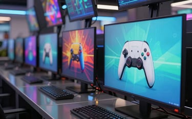 Close-up of vibrant, modern digital gaming screens in a high-tech entertainment center in Southeast Asian / Vietnamese urban area. The scene features brilliant colors and sharp graphics on the displays, reflecting in dark grey glass surfaces. Professional photography, dynamic atmosphere.