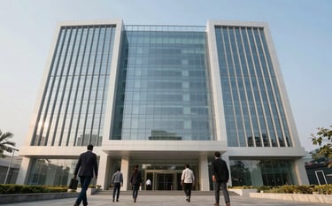 A wide-angle professional photograph of a contemporary glass-walled corporate building in Noida. The architecture features clean lines and a mist-white facade. In the foreground, professional business people in a South Asian / Indian city are walking towards the entrance during a bright morning. The sky is a soft blue, reflecting on the glass.