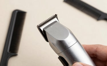 Detail shot of a professional North American / International men's grooming session. Close up on silver clippers and a comb, with light beige and off-white studio background. The style is clean, sharp, and masculine, conveying refined professionalism.