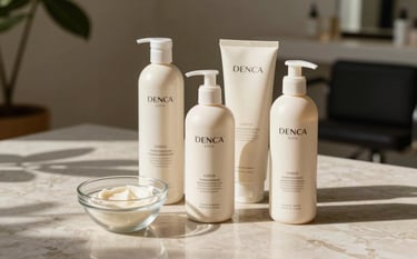Still life photography of high-end hair color products and a glass bowl on a light beige marble surface. Soft sunlight filtering through, shadows from a plant, professional North American / International salon setting, elegant and refined style with off-white accents.