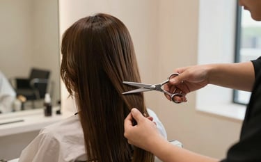 A high-end, modern hair salon interior with soft light beige walls and off-white furnishings. A North American / International stylist is focused on cutting long, healthy hair with silver professional scissors, soft natural window lighting, premium and serene atmosphere.