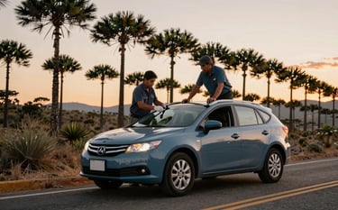 Técnico profesional realizando un auxilio vial en una carretera escénica de Mazamitla rodeada de pinos. El vehículo de asistencia tiene luces de seguridad y colores slate blue. Contexto North American / Mexican al atardecer con luz cálida.