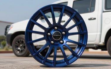 Primer plano de llantas nuevas de alta calidad listas para ser instaladas. Al fondo, se aprecia una camioneta de servicio moderna en un ambiente limpio y profesional de Mazamitla. Colores deep navy blue y light sky blue, estilo nítido.