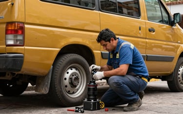 Fotografía profesional de un técnico en un entorno de Mazamitla, Jalisco, reparando una llanta con herramientas modernas al aire libre. Un furgón de servicio con detalles en color golden yellow está estacionado cerca. Iluminación natural de día, ambiente North American / Mexican.