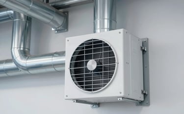 A close-up of a high-tech, modern industrial HVAC ventilation system installed in a clean commercial space. The image features metallic silver #AAB7B8 ductwork with precise joints. Bright, professional lighting highlights the clean and efficient design against a #F8F9F9 background.