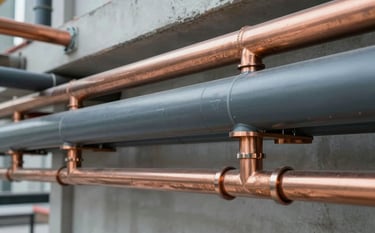 Installation of large-scale copper and PVC piping for a hydrosanitary system in a new building. The pipes are aligned with mathematical precision. Lighting is clean and architectural, highlighting textures of #AAB7B8 and #34495E. Professional engineering site vibe.