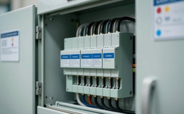 A professionally organized industrial electrical panel with tidy wiring and clearly labeled circuits. The aesthetic is technologically advanced, featuring #34495E and #AAB7B8 components. Sharp focus on the precision engineering and safety indicators.