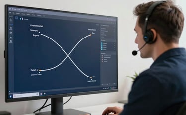 A close-up of a professional dispatcher working in a minimalist Central European / Polish office. He is focused on a large screen displaying logistics routes. The office has clean lines and a color palette of deep navy blue and off-white, reflecting a highly professional atmosphere.