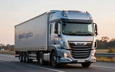 A DAF xf 480 truck with a MateGO Logistics trailer driving on a modern Central European / Polish highway. The scene is captured at golden hour, with soft steel blue and warm light reflecting off the truck's windshield. The focus is on the movement and reliability of the logistics service.
