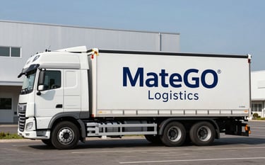 A high-resolution side view of a white DAF xf 480 truck with a trailer featuring the MateGO Logistics logo in deep navy blue. The truck is parked in a clean, modern parking lot in a Central European / Polish industrial area during broad daylight. The lighting is crisp, highlighting the metallic surfaces and the professional, minimalist branding.