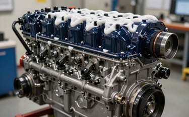 A close-up photograph of a clean, high-performance marine diesel engine in a brightly lit, professional engine room. The image features deep navy and steel mist mechanical components with soft sea foam white reflections on polished surfaces.