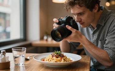 A professional photographer at work in a cozy Scandinavian-style restaurant, capturing a close-up of a rustic pasta dish using soft natural window lighting. Warm and inviting mood.
