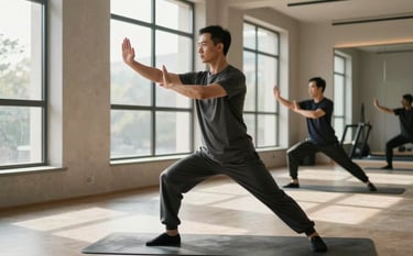 A high-end, minimalist fitness studio in a North American luxury setting. A man in charcoal athletic wear stands in a controlled, powerful Qi Gong posture. Soft natural morning light filters through large windows, highlighting clean lines and stone textures. The atmosphere is calm and focused, reflecting premium performance coaching.