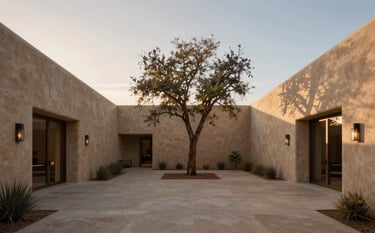 A luxury wellness retreat courtyard at dawn in the US Southwest. Minimalist architecture with smooth plaster walls in a light sand color. The space is vast and quiet, with a single, perfectly balanced tree. The lighting is cinematic, soft, and sophisticated.