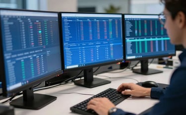 A close-up of a professional workstation in a high-tech financial office in a North American city, multiple monitors displaying royal blue market data, sleek desk, soft professional lighting, conveying expertise and confidence.