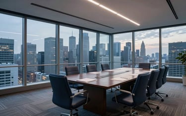 A wide-angle shot of an international financial boardroom, floor-to-ceiling windows looking out over a metropolitan skyline at dusk, sophisticated furniture in dark navy and steel blue, empowering and calm lighting.