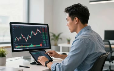 A professional North American trader sitting in a bright modern office with steel blue and off-white decor, focused on a large tablet displaying clean financial candlesticks, natural daylight, sophisticated and empowering atmosphere.