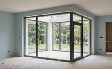 A high-end interior renovation project in a Northern European / British home. A modern extension with large glass windows. The room is partially finished with clean plastering and light blue accent walls. Professional photography, soft natural lighting.