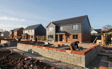 A wide-angle professional photograph of a new-build house construction site in a Northern European / British residential area. Foreground shows a clean site with bricklayers working with light grey mortar and red bricks. Natural morning light, clear composition, focusing on precision and quality craftsmanship. Background colors include dark slate and steel blue sky.