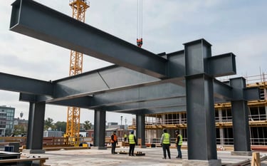 Professional architectural photography of a commercial building site under construction in a Northern European / British city. Large structural steel beams in dark slate color being positioned by a crane. Workers in high-visibility gear onsite. Sharp focus, modern industrial atmosphere.
