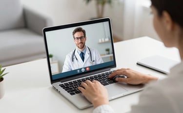 A clean, modern North American home office setting where a person is having a virtual medical consultation on a laptop. The screen shows a professional doctor. The composition is clean and focused, using soft white and light blue lighting.