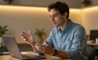 A professional mentor in a warm slate blue shirt sitting in a modern office, gesturing towards a laptop screen during a video call. The background is blurred with warm golden yellow lighting accents, conveying a supportive and authoritative mood.