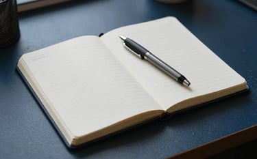 A high-quality photograph of an organized study desk featuring a clean open notebook and a professional pen. The lighting is soft and natural, with hints of pale mist grey and deep navy blue in the shadows. The atmosphere is calm and focused.