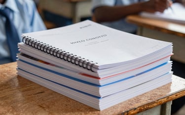 A vibrant photograph of a stack of custom-printed school notebooks and uniforms neatly arranged in a bright Congolese classroom. The setting is warm and educational, with soft sunlight highlighting the crisp printing and fabric textures. Professional photography, shallow depth of field.