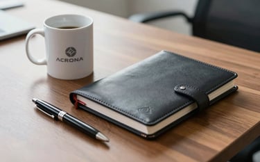 A close-up photograph of high-quality branded office items on a polished wooden desk in a modern Central African office. A ceramic mug, a sleek leather-bound agenda, and a premium pen, all featuring a subtle professional logo. Soft morning light, sharp focus, professional and clean aesthetic.