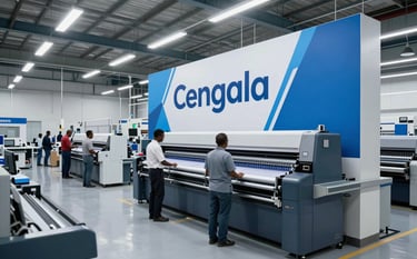 A wide-angle professional photograph of a spacious, modern printing workshop in Central Africa. A large-format banner with sharp corporate graphics is being carefully inspected by professionals. The environment is clean, industrial, and features high-end machinery and bright blue and grey color tones.