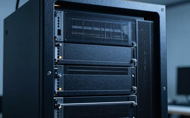 A close-up of a modern server setup or high-end workstation in a professional Central European / German studio environment. The scene is dominated by Dark Midnight Blue and Muted Slate Blue lighting, emphasizing security and technical precision.