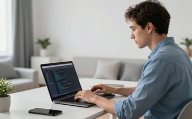 A focused professional in a modern Central European / German home office, working on a sleek laptop showing clean code structures. The room is filled with Soft Steel Blue and Cool Pearl White tones, featuring minimalist furniture and soft natural lighting.