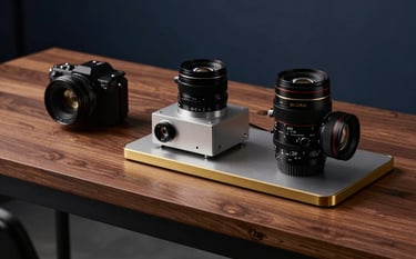 A close-up shot of a modern, minimalist workspace in a North American US tech hub. High-end equipment sits on a wooden desk with gold-toned brass details, reflecting a sophisticated atmosphere with deep navy shadows.