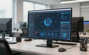 A professional focused on a sleek digital interface in a bright, modern North American US office. The environment features steel blue and off-white accents, captured in clean, high-clarity photography with soft natural lighting.