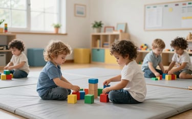 A bright and airy North American / US preschool room with soft natural light. Toddlers are playing safely with large, colorful wooden blocks on a clean, light grey padded floor, conveying a sense of joyful learning and professional care.
