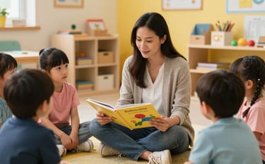 A teacher in a North American / US preschool sitting on the floor in a warm, yellow-accented room, reading a large picture book to a group of attentive children. The atmosphere is nurturing, professional, and engaging.