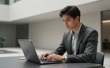 A professional photograph of a modern tech professional working on a sleek laptop in a high-end, minimalist architectural setting. The color palette includes charcoal gray and off-white tones. The environment is uncluttered and sophisticated, suggesting a focused B2B atmosphere.