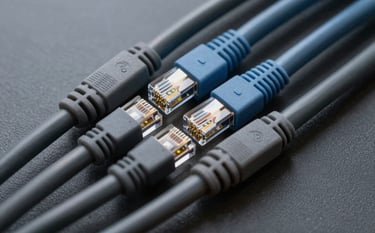 A high-angle photograph of a sophisticated network cable arrangement in a charcoal gray and soft blue color palette. The composition is clean and artistic, emphasizing connectivity and technical precision without being cluttered.