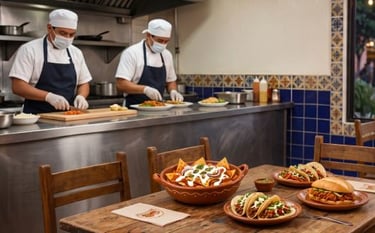 Personal de Del Maíz y Carne preparando un pedido de chilaquiles, torta de chilaquiles y ordenes de tacos.
