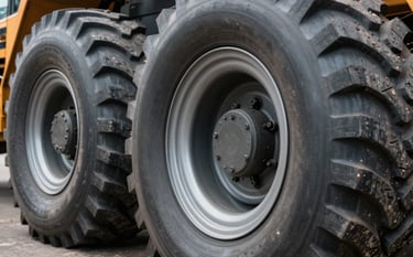 A detailed close-up shot of heavy-duty crane tires with deep treads. The Silver Grey wheel rims reflect the professional, data-driven environment. The composition is focused on the texture and strength of the rubber, symbolizing durability.